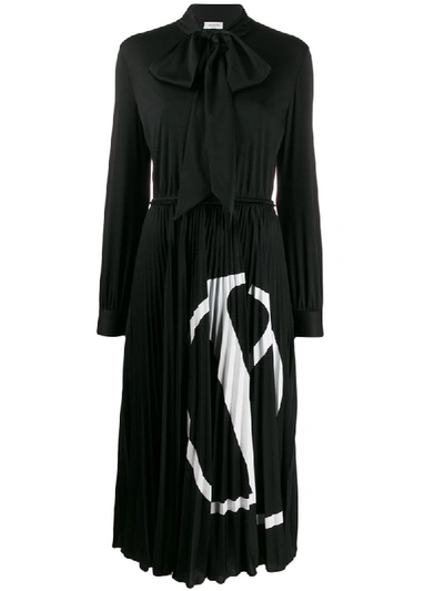 Shop Valentino Vlogo Pleated Long-sleeved Dress In Black