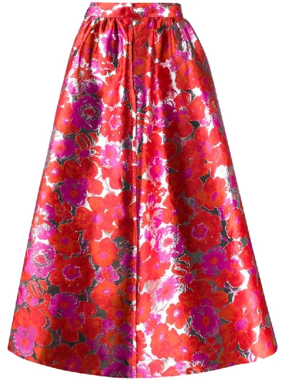 Shop Msgm Floral Full Skirt In Red