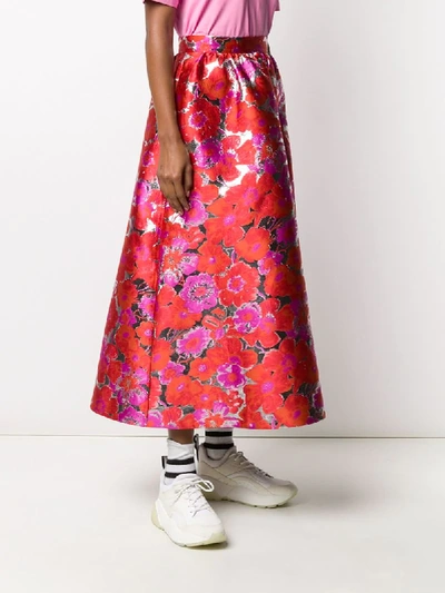 Shop Msgm Floral Full Skirt In Red