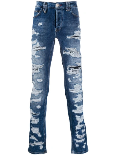 Shop Philipp Plein Distressed Straight Leg Jeans In Blue