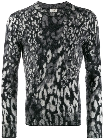 Shop Saint Laurent Leopard Pattern Crew Neck Jumper In Black