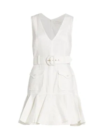 Shop Zimmermann Women's Super 8 Belted Linen Mini Flounce Dress In Ivory