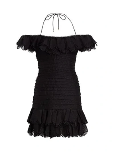 Shop Zimmermann Women's Super 8 Plissé Lace Eyelet Cold-shoulder Silk & Linen Mini Dress In Black