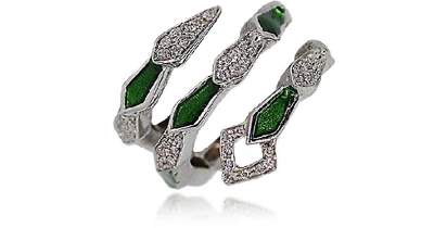Shop Bernard Delettrez Designer Rings White Gold Spiral Snake Ring W/ Pavé Diamonds & Green Enamel In Vert