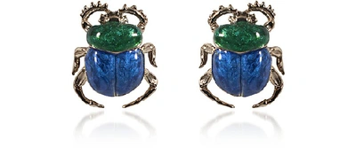 Shop Bernard Delettrez Designer Earrings Blue Scarab Bronze Earrings In Bleu