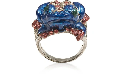 Shop Bernard Delettrez Designer Rings Silver Froggy Ring W/ Pavé Red Sapphires And Blue Enamel In Bleu