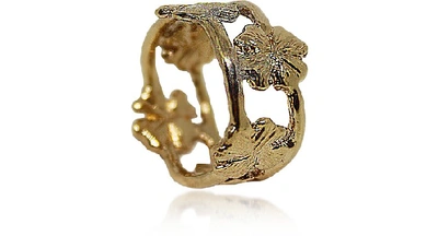 Shop Bernard Delettrez Designer Rings Bronze Band Ring W/ Four-leaf Clovers In Doré