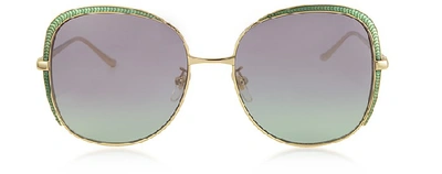 Shop Gucci Designer Sunglasses Gg0400s Shiny Gold Guilloché Metal Frame Sunglasses In Vert/bleu