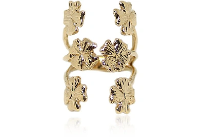 Shop Bernard Delettrez Designer Rings Bronze Ring W/ Six Four-leaf Clovers In Doré