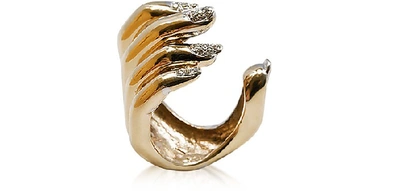Shop Bernard Delettrez Designer Rings Open Hand Gold Ring W/ Pavé Diamonds Nails In Doré