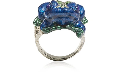 Shop Bernard Delettrez Designer Rings Silver Froggy Ring W/ Pavé Tsavorites And Blue Enamel In Bleu