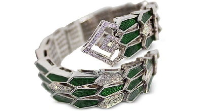 Shop Bernard Delettrez Designer Bracelets White Gold Spiral Triple Snake Bracelet W/ Diamonds & Green Enamel In Vert