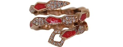 Shop Bernard Delettrez Designer Rings Pink Gold Spiral Snake Ring W/ Pavé Diamonds & Salmon Pink Enamel In Doré