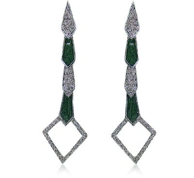 Shop Bernard Delettrez Designer Earrings White Gold Snake Earrings W/ Diamonds & Green Enamel In Vert