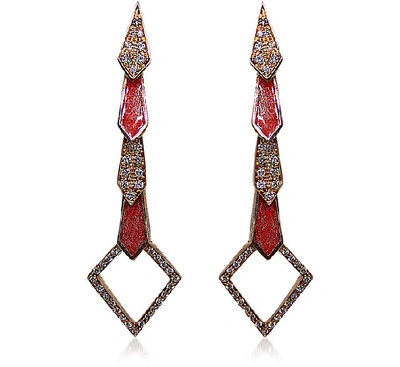 Shop Bernard Delettrez Designer Earrings Pink Gold Snake Earrings W/ Diamonds & Salmon Pink Enamel In Rose