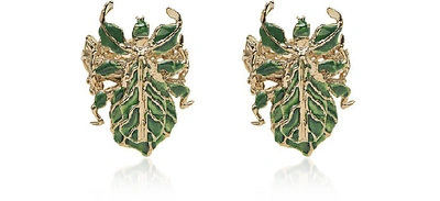Shop Bernard Delettrez Designer Earrings Leaf Insect Bronze Earrings W/ Enamel In Vert