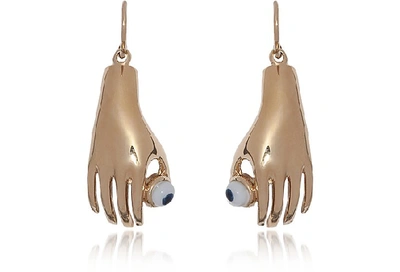 Shop Bernard Delettrez Designer Earrings Medium Bronze Hand Earrings W/ Blue Eye In Doré