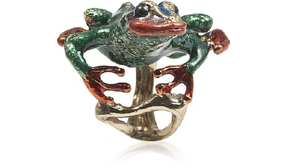Shop Bernard Delettrez Designer Rings Long Froggy Bronze Ring W/ Enamel In Vert