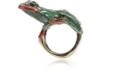 Shop Bernard Delettrez Designer Rings Long Froggy Bronze Ring W/ Enamel In Vert