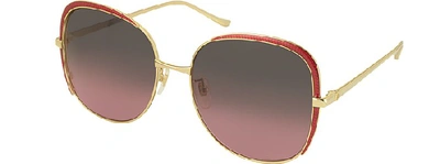 Shop Gucci Designer Sunglasses Gg0400s Shiny Gold Guilloché Metal Frame Sunglasses In Rouge-vert