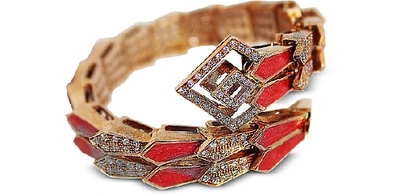 Shop Bernard Delettrez Designer Bracelets Pink Gold Spiral Double Snake Bracelet W/ Diamonds & Salmon Pink Enamel In Rose