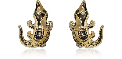 Shop Bernard Delettrez Designer Earrings Smooth Crocodile Bronze Earrings In Doré