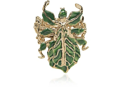 Shop Bernard Delettrez Designer Rings Leaf Insect Bronze Ring W/ Enamel In Doré