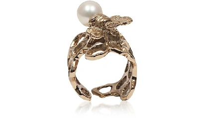 Shop Bernard Delettrez Designer Rings Honeycomb Bronze Ring W/ Bee & Pearl In Doré