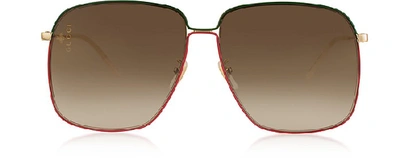 Shop Gucci Designer Sunglasses Gg0394s Rectangular-frame Metal Sunglasses W/mini Interlocking G Logo In Rouge/ Marron Nuancé