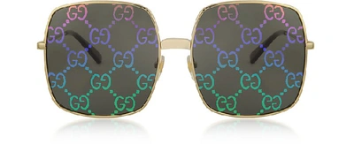 Shop Gucci Sunglasses Rectangular-frame Metal Sunglasses W/ Gg Pattern Lenses In Gold,shaded Black