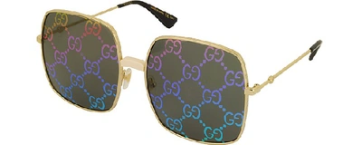 Shop Gucci Sunglasses Rectangular-frame Metal Sunglasses W/ Gg Pattern Lenses In Gold,shaded Black