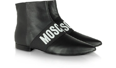 Shop Moschino Shoes Black Signature Leather Flat Ankle Boots