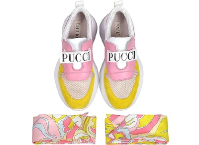 Shop Emilio Pucci Shoes Pink & Lime Green Leather And Nylon Sneakers