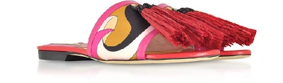 Shop Emilio Pucci Shoes Printed Slide Aw/raffia Tassels In Fuchsia