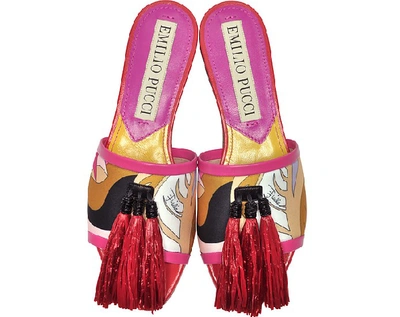 Shop Emilio Pucci Shoes Printed Slide Aw/raffia Tassels In Fuchsia