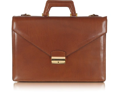 Shop L.a.p.a. Briefcases Double Gusset Leather Briefcase In Brandy,gold