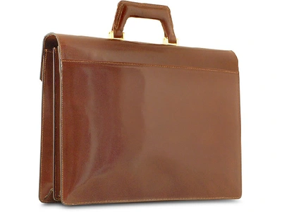 Shop L.a.p.a. Briefcases Double Gusset Leather Briefcase In Brandy,gold