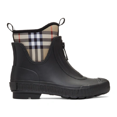Shop Burberry Black And Beige Flinton Rain Boots