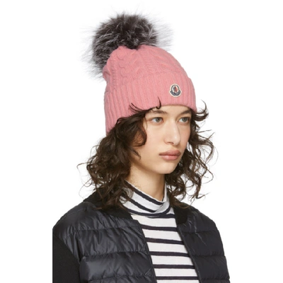 Shop Moncler Pink Fur Pom Pom Beanie In 532 Pink