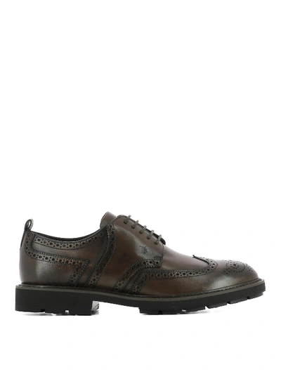 Shop Tod's Brushed Leather Derby Brogue Shoes In Dark Brown