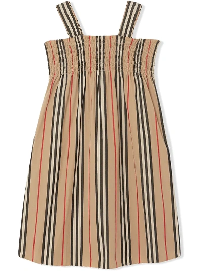 Shop Burberry Smocked Icon Stripe Cotton Dress In Neutrals