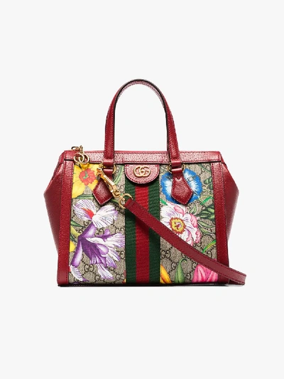 Shop Gucci Multicoloured Ophidia Floral Monogram Mini Tote Bag In Red
