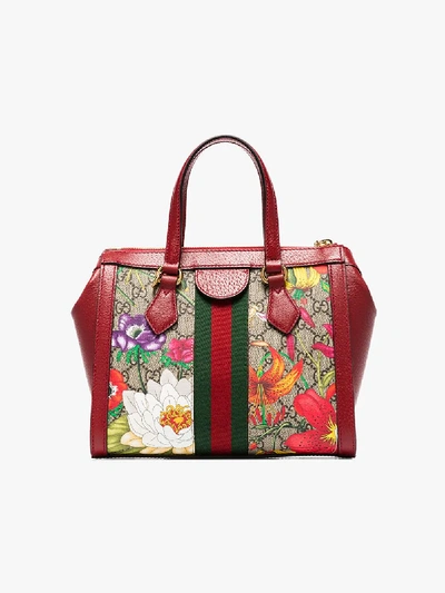 Shop Gucci Multicoloured Ophidia Floral Monogram Mini Tote Bag In Red