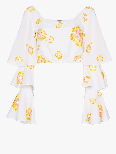 Shop All Things Mochi Bonita Floral Embroidered Ruffled Blouse In White