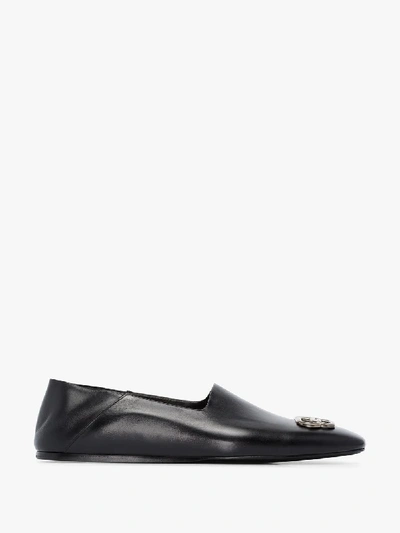 Shop Balenciaga Black Emblem Leather Slippers