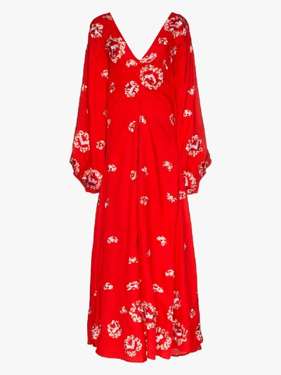 Shop All Things Mochi Catalina Floral Embroidery Ruched Gown In Red