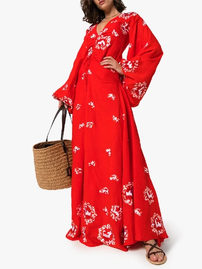 Shop All Things Mochi Catalina Floral Embroidery Ruched Gown In Red