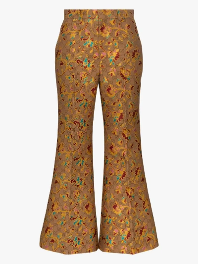 Shop Gucci Floral Jacquard Flared Trousers In Brown