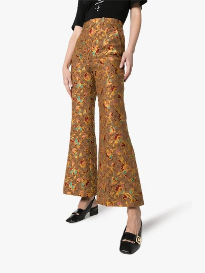 Shop Gucci Floral Jacquard Flared Trousers In Brown