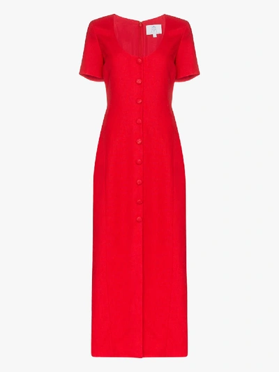 Shop Rebecca De Ravenel Buttoned Linen Dress In Red